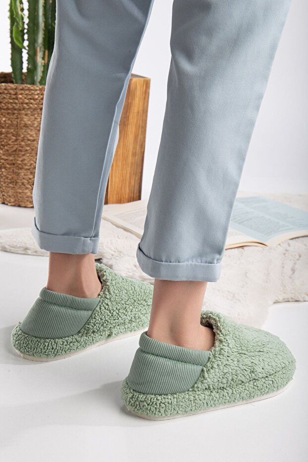 Kuzu Kumaş Yünlü Sessiz Taban Lastikli Kadın Ev Ayakkabısı Ev Botu Panduf - 4