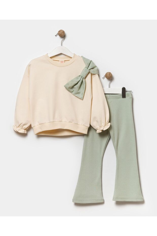 Bow Detailed Cotton Sweatshirt and Spanish Leg Tights Set for Girls