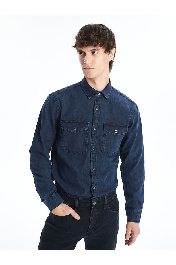 Regular Fit Uzun Kollu Erkek Jean Gömlek - 1