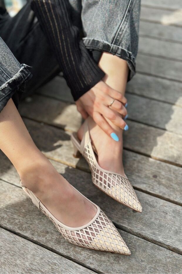 Talin Matte Leather Mesh Detailed Short Heeled Stiletto Nude