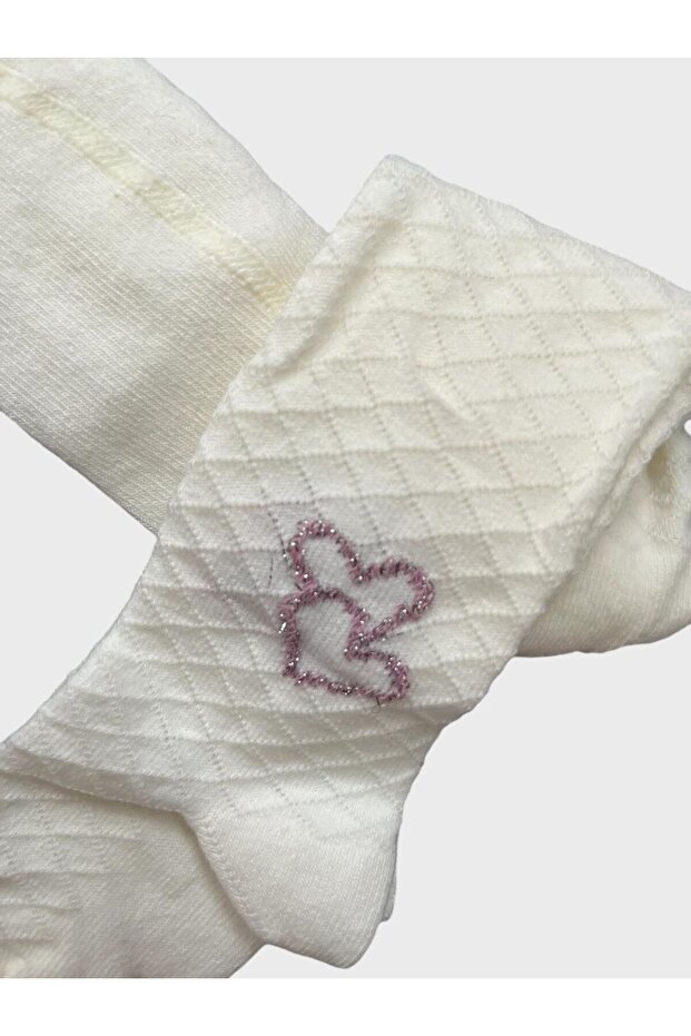 Girl's Cotton Washed Embossed Glittery Heart Patterned Ecru Pantyhose