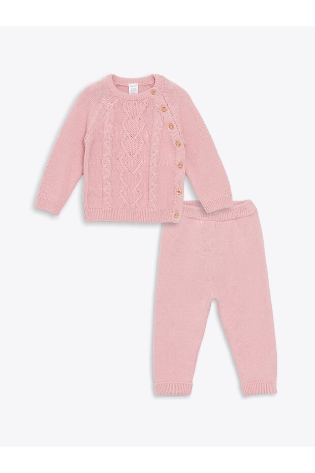 Crew Neck Long Sleeve Patterned Baby Girl Cardigan and Sweatpants 2-Piece Set
