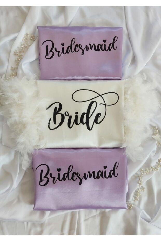 1 Bride's Dressing Gown with Feather Sleeves, 2 Lilac Bridesmaid Dressing Gowns