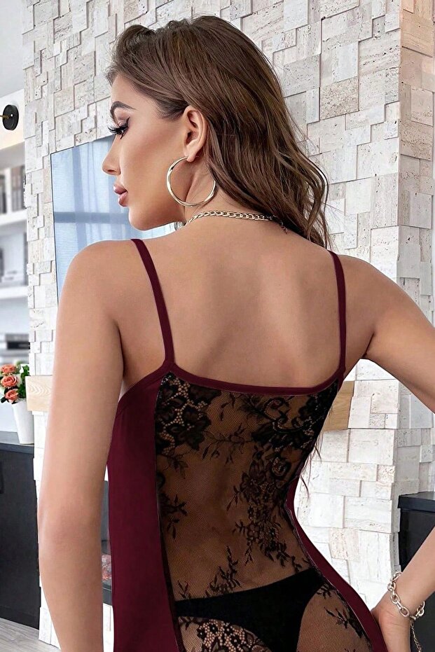 Kadın Bordo Sırt Kısmı Komple Dantelli Mini Gecelik - 3