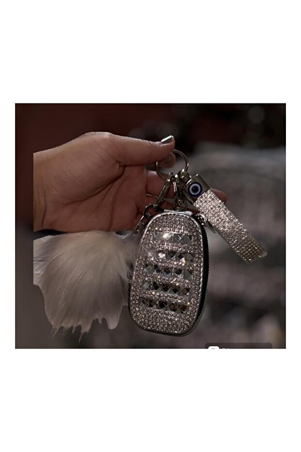 Baguette Rhinestone Wallet Ribbon Feather Keychain