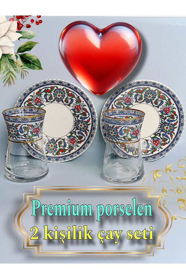 Altın heybeli bitkisel çini motifli 2 adet porselen tabak 2 adet cam bardak iki kişilik set - 3
