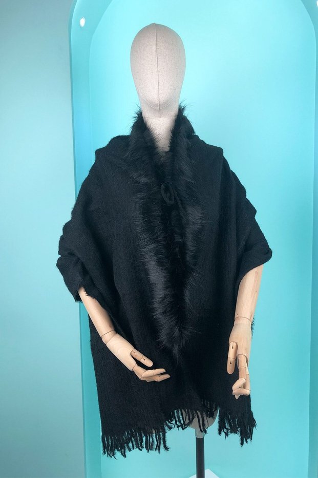 Women's Mother Faux Fur Genuine Wool Tasseled Black Soft Winter Thick Shoulder Shawl 299