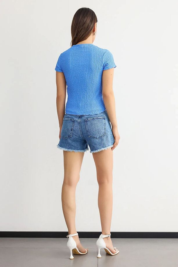 Dokuma Bisiklet Yaka Kısa Kollu Crop Top - 5