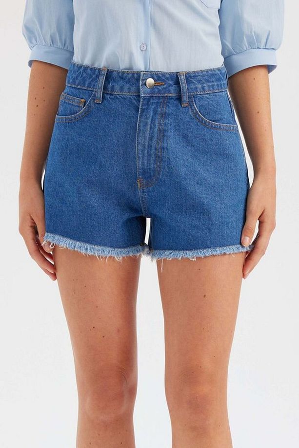 Koyu Renk Yüksek Bel Denim Şort - 3