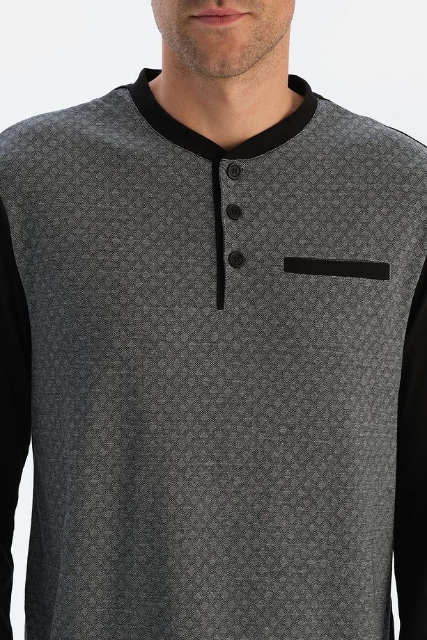 Siyah Desenli Uzun Kollu Üçlü Pijama Takımı - 8