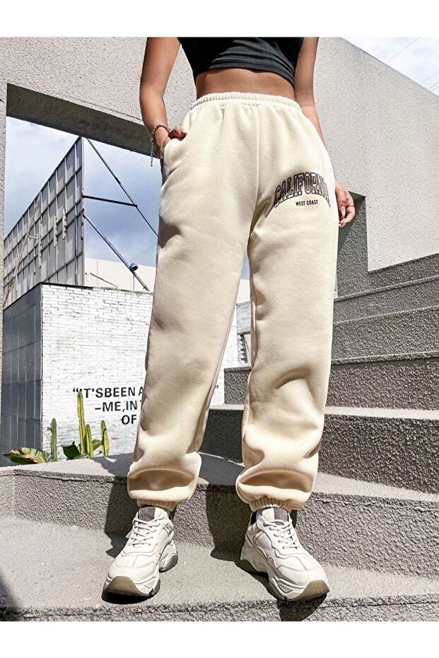 Women's Beige California Printed Oversize Tracksuit with Elastic Legs