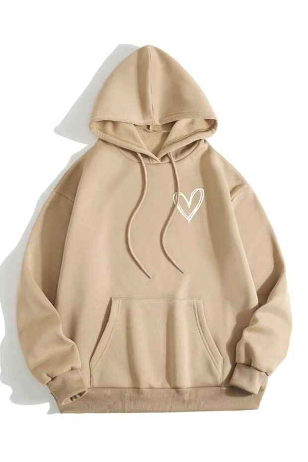 Unisex Beige Heart Printed Oversize Hooded Sweatshirt