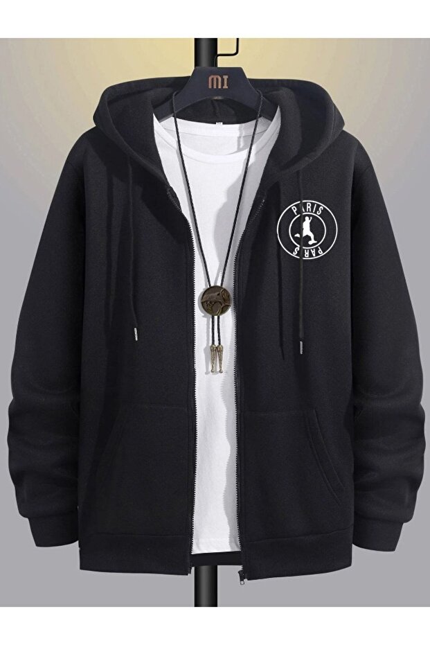 Men's Black Paris Printed Hooded Zipper Cardigan