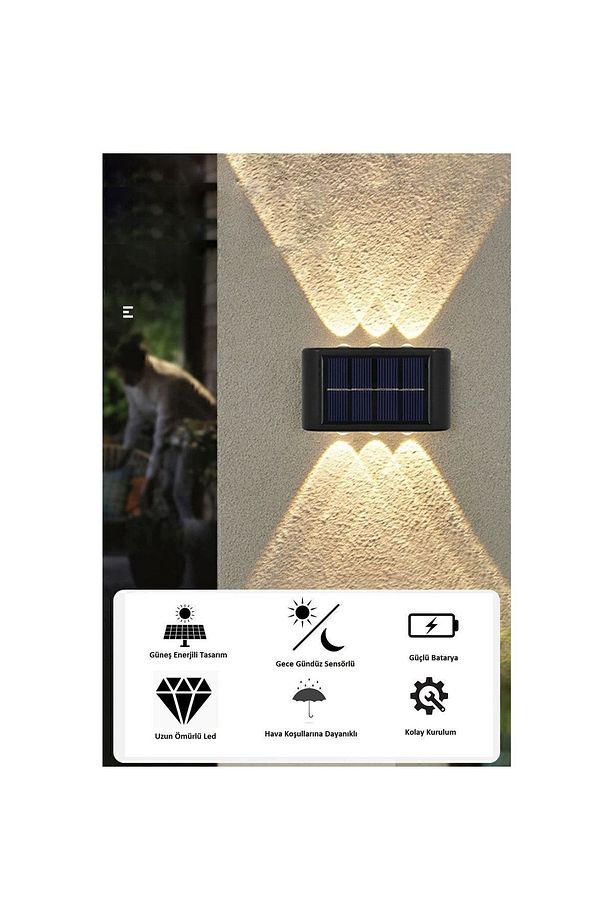 2 Adet - Modern Solar Çift Taraflı Aplik Güneş Enerjili Duvar Aydınlatma Lambası (GÜN IŞIĞI) - 4