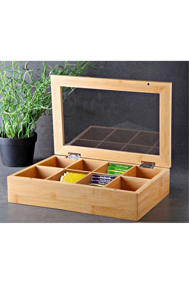 Bambu Çay Kutusu 8 Bölmeli Çay Bitki Saklama Kutusu 30x20x9cm. - 1