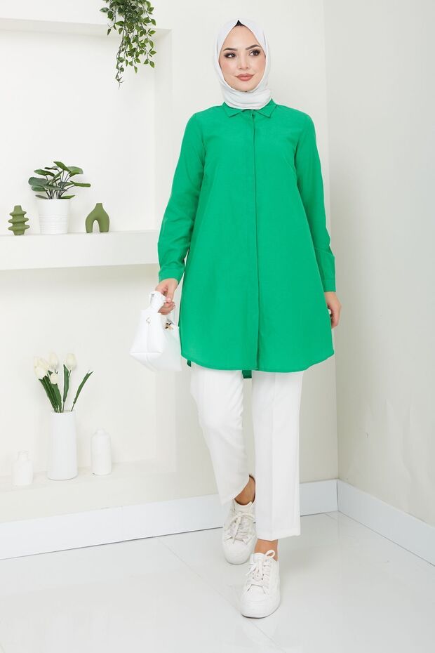 Women's Benetton Green Tericotone Hidden Button Boyfriend Hijab Shirt