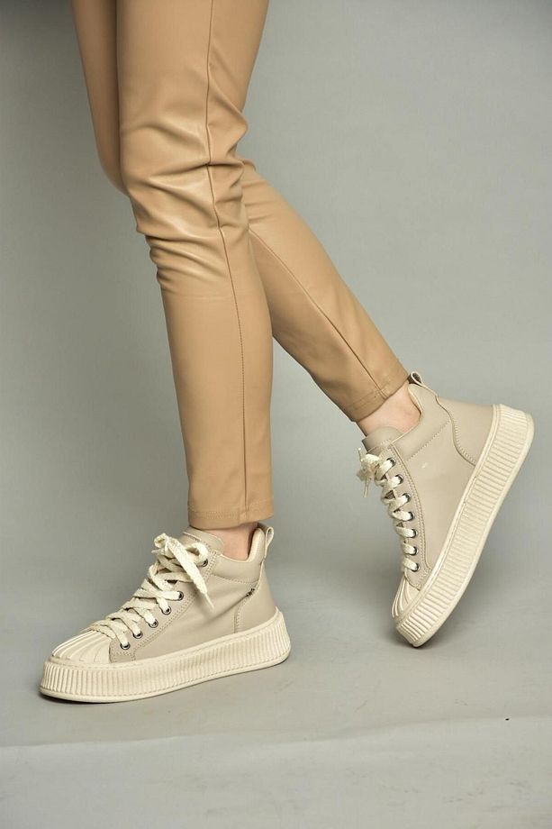 T973599609 Bej Yüksek Bilekli Spor Ayakkabı Sneakers - 5