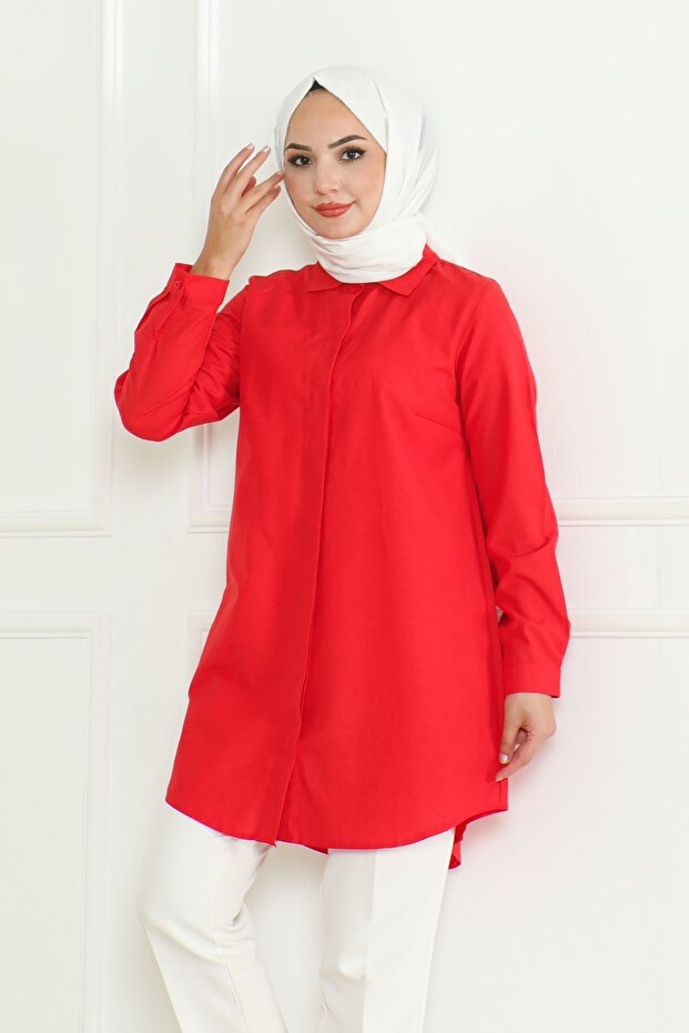 Women's Red Terikoton Hidden Button Boyfriend Hijab Shirt