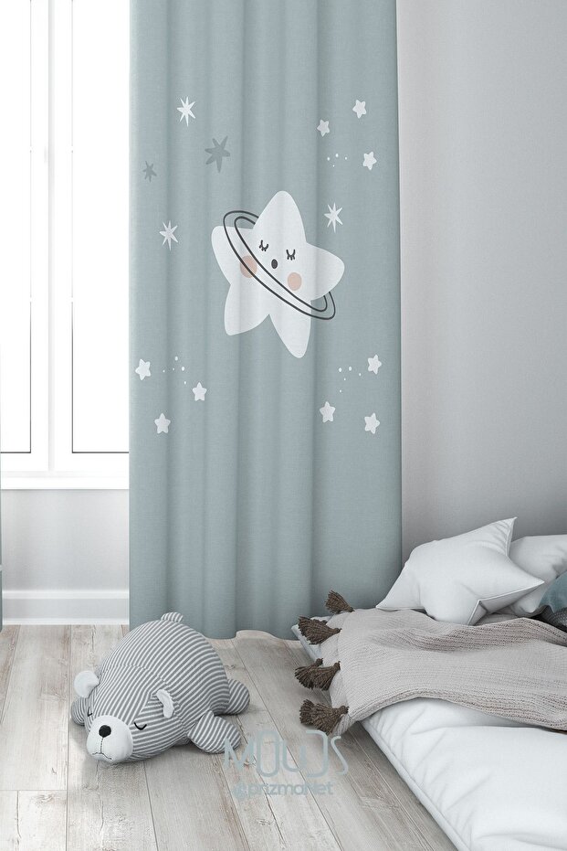 Sweet Star Patterned Background Curtain for Children's and Baby's Room Suede Digital Printed Extralarge Foam Drawstring Single Wing