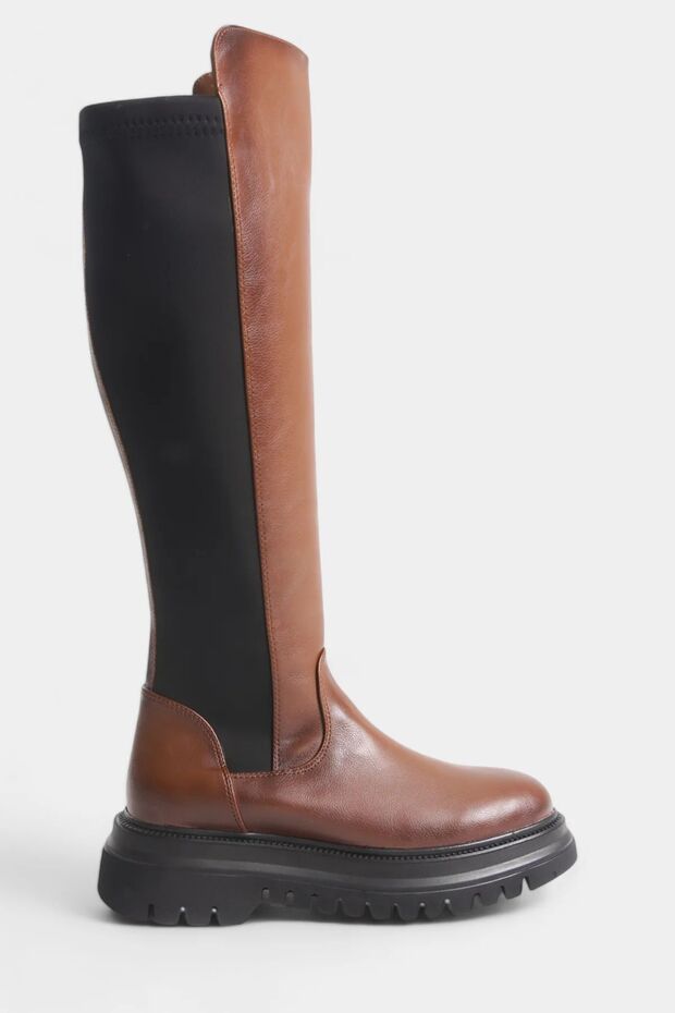 Tan Women's Boots with Side Zipper and Stretch Detail