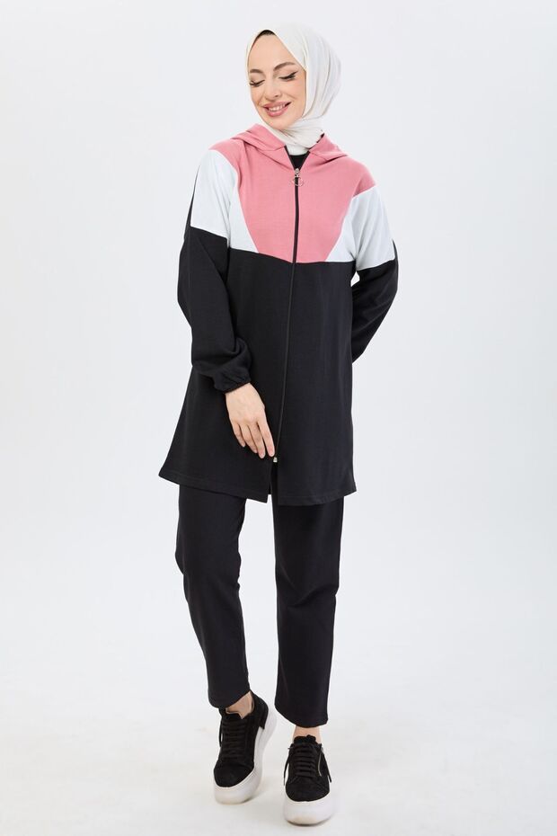 Pink Hooded Collar Women's Tunic Trousers - Straight Hoodie 13107