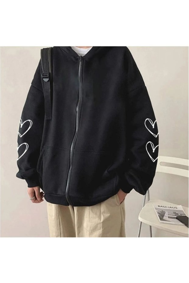 Printed Hooded Zippered Oversize Seasonal Sweatshirt