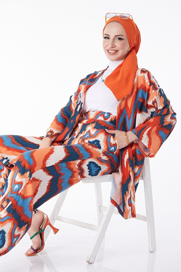 Plain Jacket Collar Women's Orange Kimono Pants Set of Two - 25209