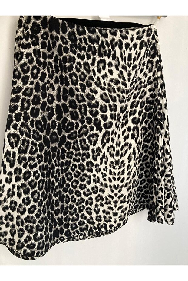 Women's Black Leopard Pattern Long Flared 65 cm Skirt