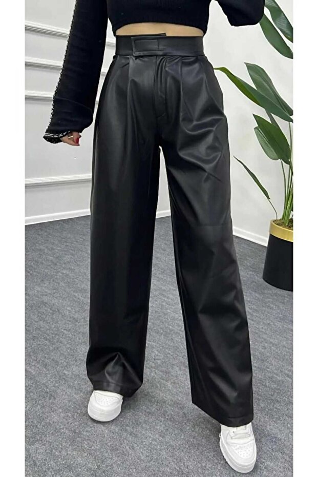 BOL COLLAR WAIST PLEATED LEATHER PANT