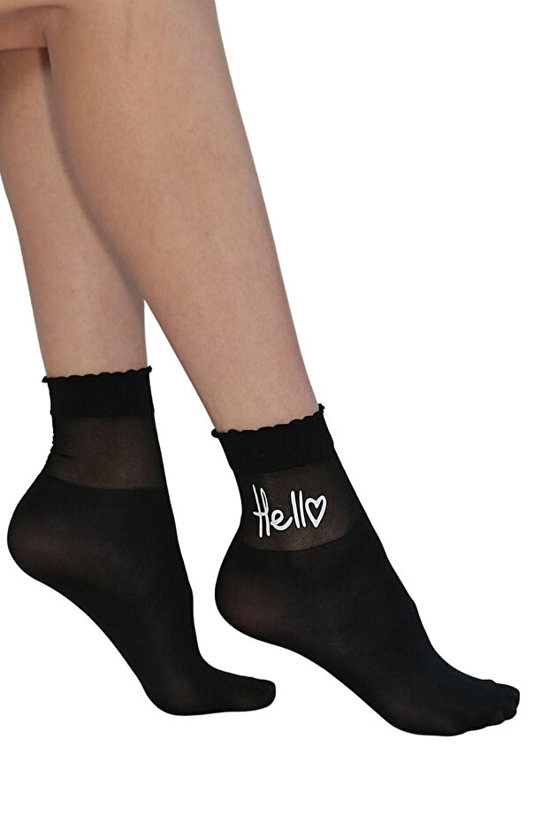 Women's Black Hello Written Patterned Socks