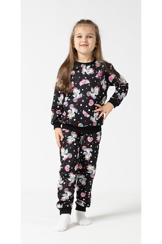 Girl's Black Printed Long Sleeve Top and Bottom Set