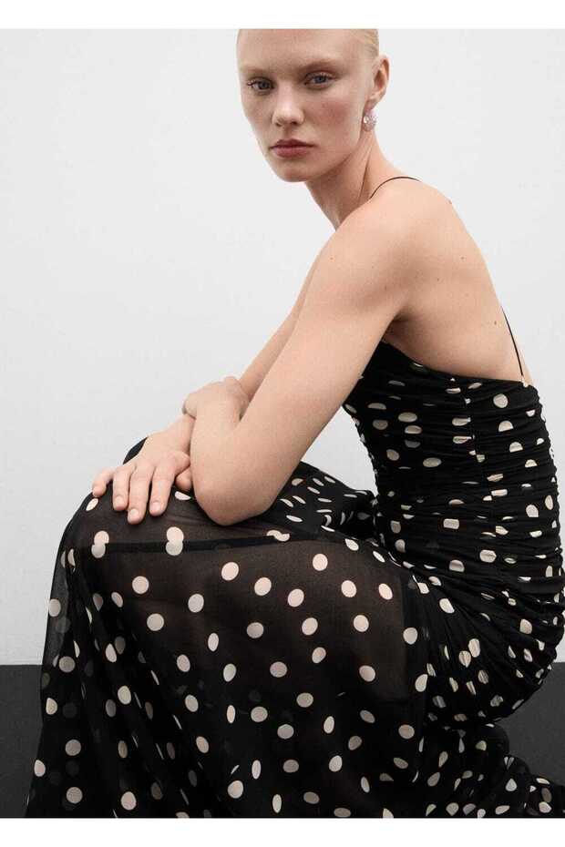 Puantiyeli drapeli elbise - 8