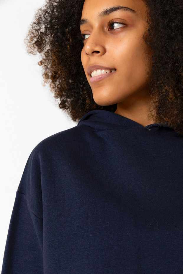 Basic Lacivert Kapüşonlu Crop Sweatshirt - 3