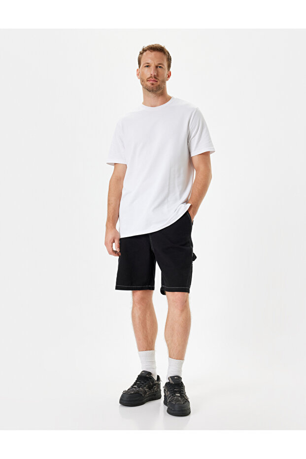 Denim Shorts Loose Fit Bermuda Style with Pockets and Stitching Detailing in Cotton