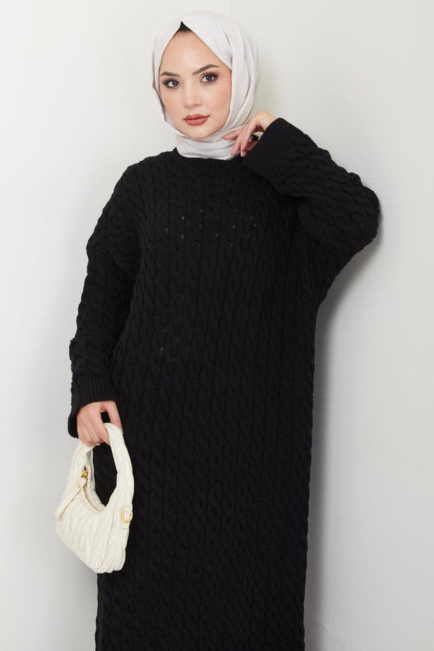 Knitted Pattern Knitwear Dress Black Hm2526