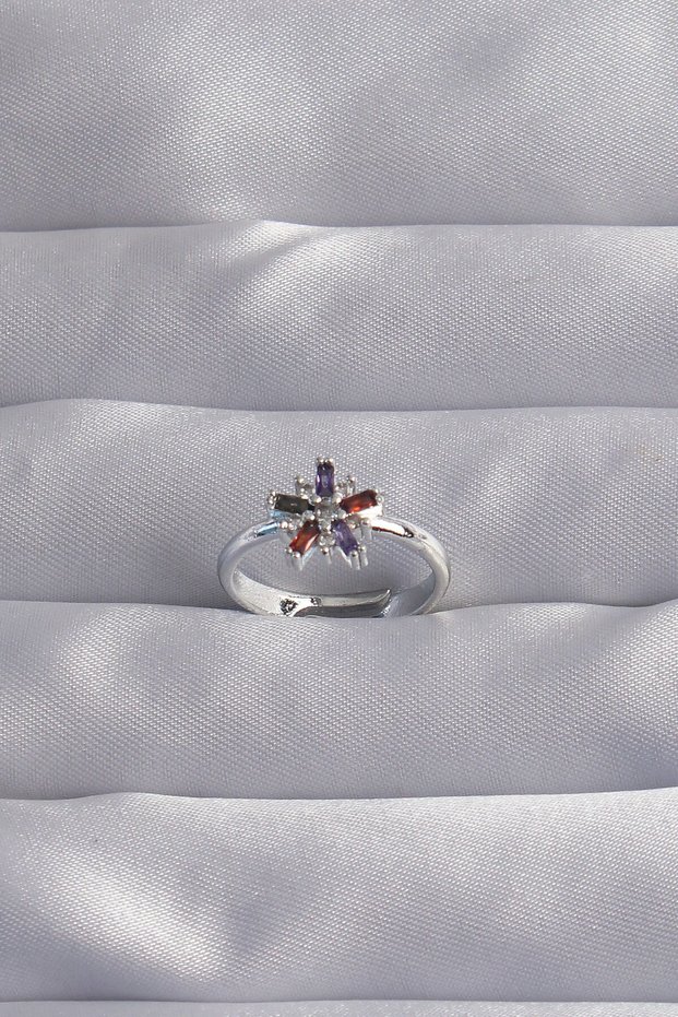 Brass Silver Color Colorful Zircon Stone Adjustable Ring - Ebj240912W27695