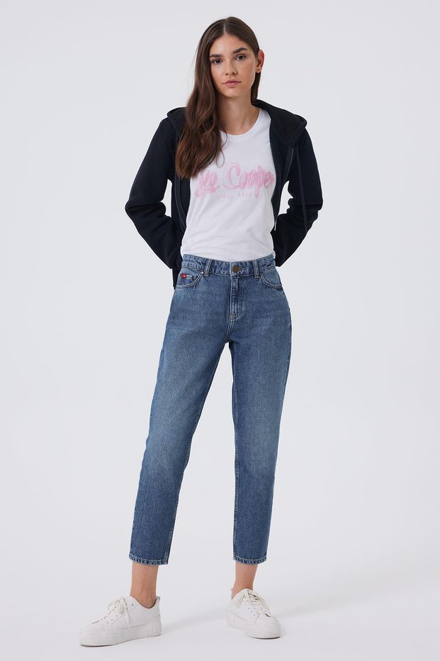 Funny Normal Waist Normal Cut Straight Leg 100% Cotton Blue Women's Jean Trousers