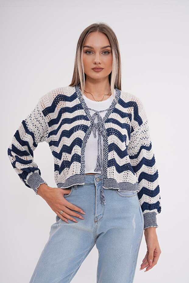 Women's Zigzag Patterned Knitwear Cardigan with Lace Detail 255207 -