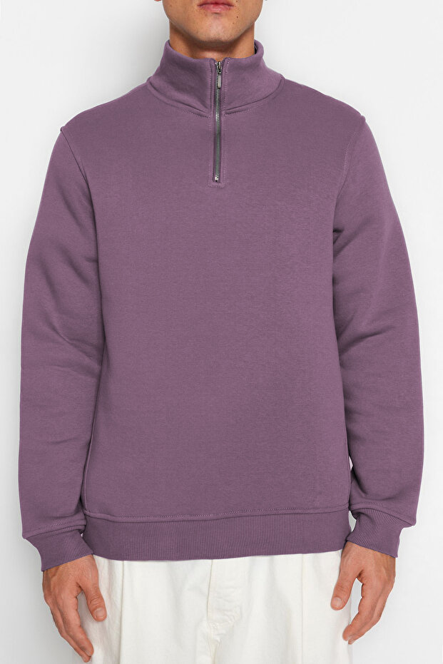 Mor Regular/Normal Kesim Dik Yaka Fermuarlı Pamuklu Basic İçi Polarlı Sweatshirt TMNAW24SW00041 - 2