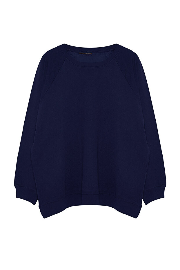 Granatowa bluza z okrągłym dekoltem i szerokim krojem, plus size, polarowa podszewka Tmnaw24Ao00007 - 7