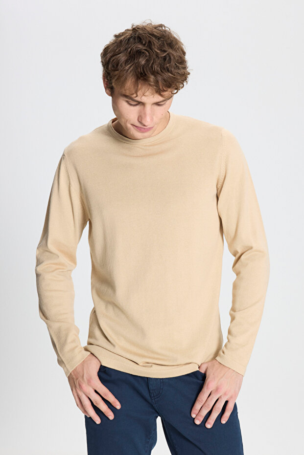 Men's Beige Standard Fit Normal Cut Warm Crew Neck Knitwear Sweater