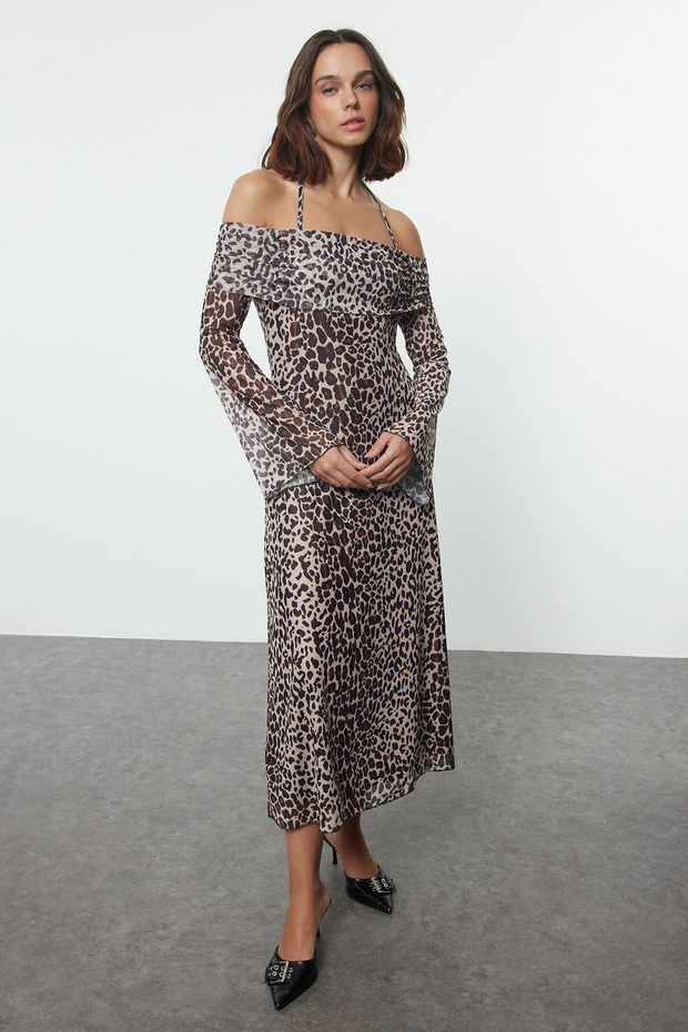 Brown Plain Lacing Detail Midi Knitted Dress Twoaw25El00362