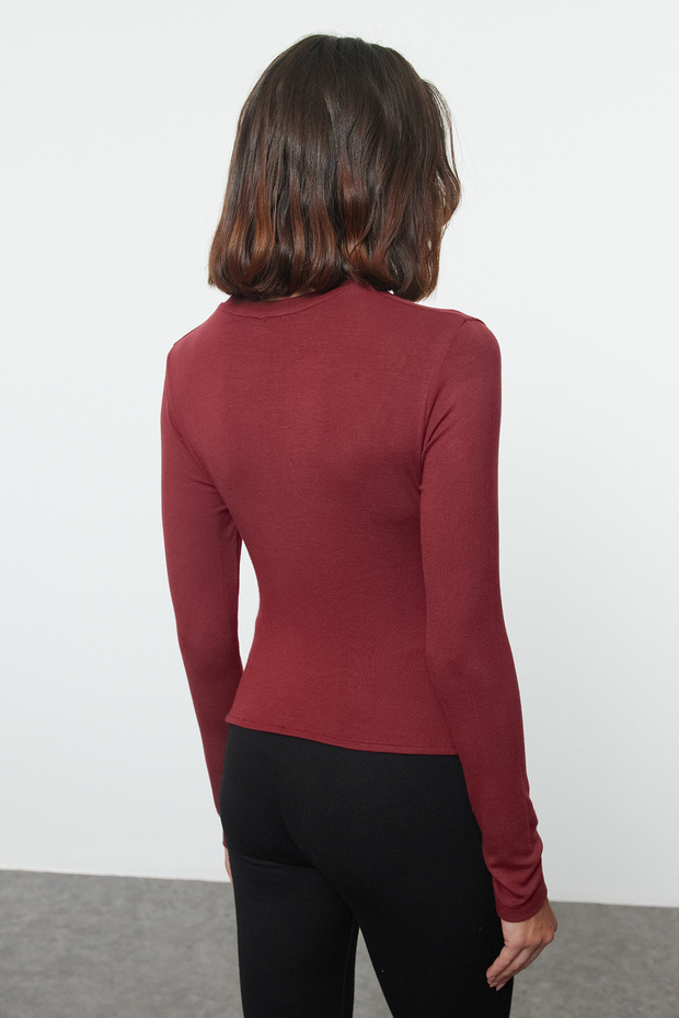 Bordo Kruvaze Büzgü/Drape Detaylı Slim/Vücuda Oturan Örme Bluz TWOAW25BZ00216 - 6