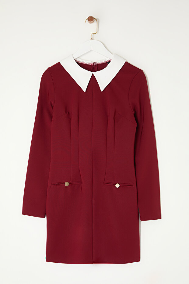 Bordo Yaka Detaylı Dokuma Elbise TWOAW24EL00298 - 6