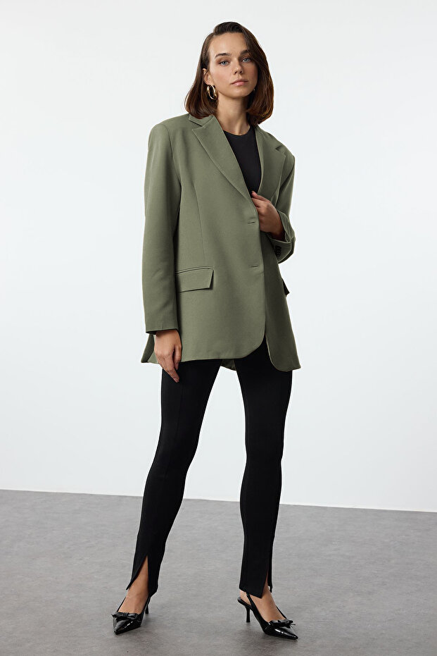Açık Haki Oversize Dokuma Blazer Ceket TWOAW24BC00107 - 4