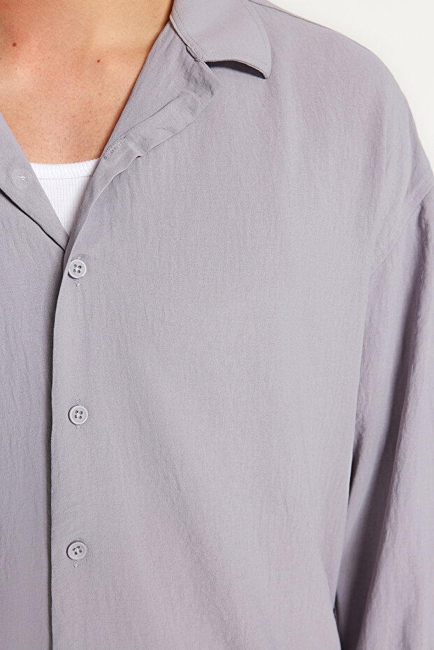 Gri Oversize Fit Apaş Yaka Yazlık Keten Görünümlü Gömlek TMNSS23GO00053 - 12
