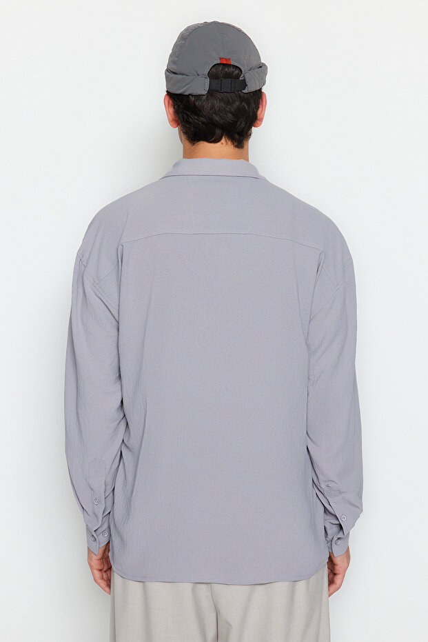 Gri Oversize Fit Apaş Yaka Yazlık Keten Görünümlü Gömlek TMNSS23GO00053 - 13