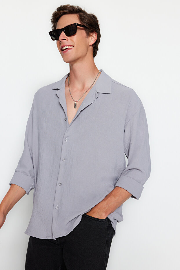 Gri Oversize Fit Apaş Yaka Yazlık Keten Görünümlü Gömlek TMNSS23GO00053 - 10