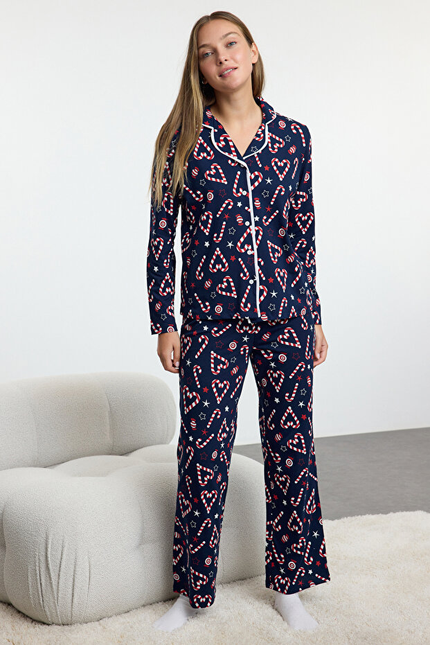 Lacivert %100 Pamuklu Yılbaşı Temalı Biyeli Örme Pijama Takımı THMAW25PT00167 - 2