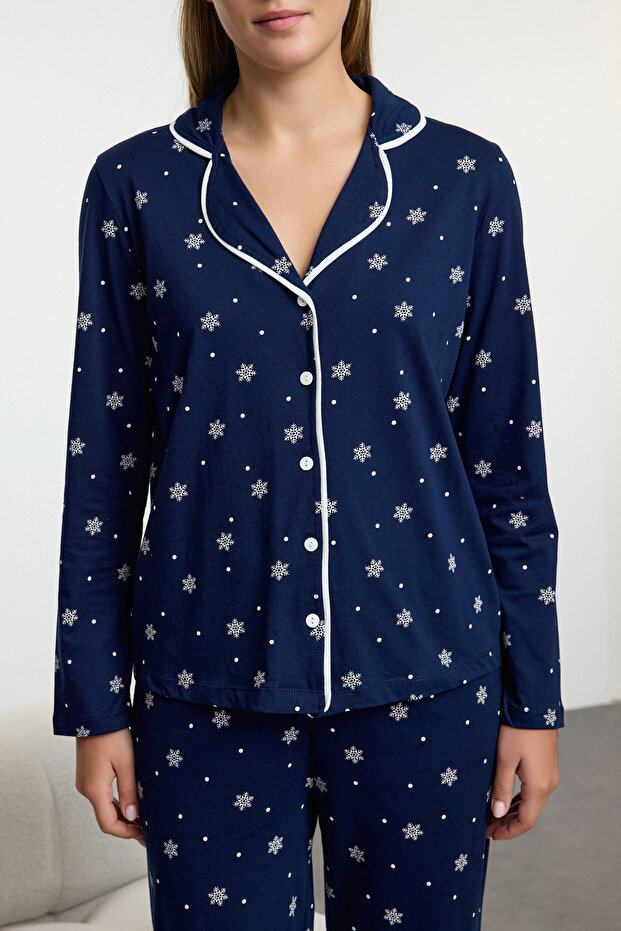 Lacivert %100 Pamuklu Kış Temalı Biyeli Örme Pijama Takımı THMAW25PT00083 - 3